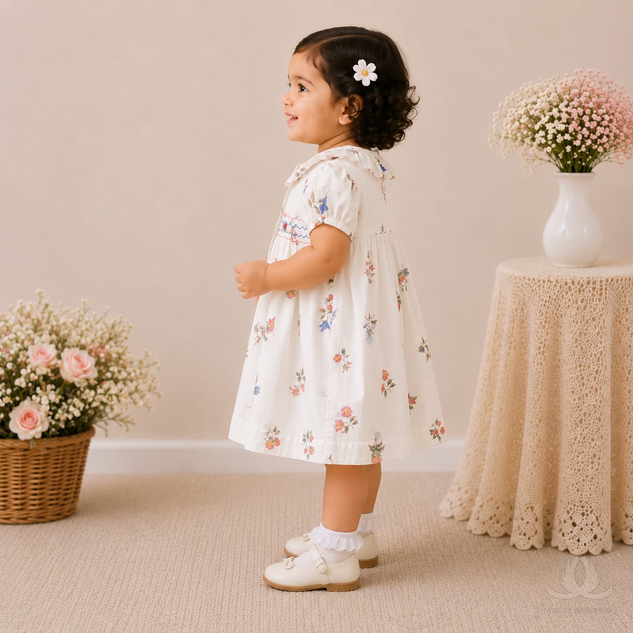 White Floral Printed Baby Girl Dress with Smocked Detail & Puff Sleeves — Side