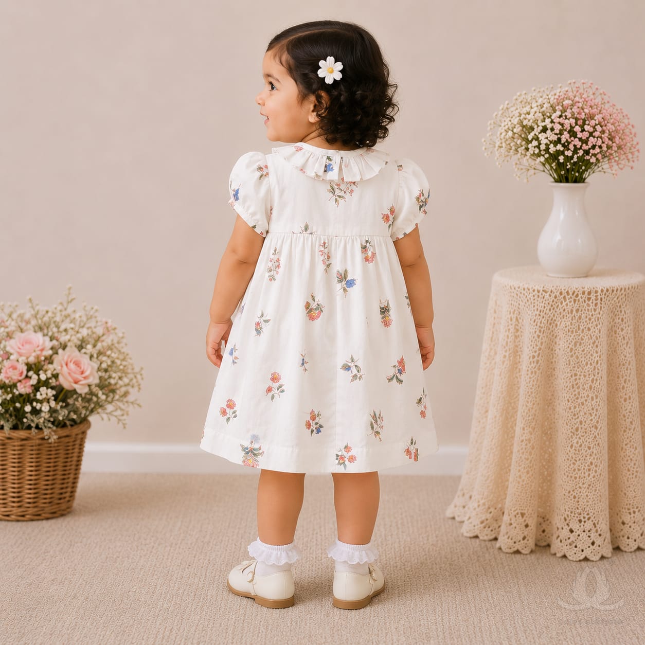 White Floral Printed Baby Girl Dress with Smocked Detail & Puff Sleeves — Styled