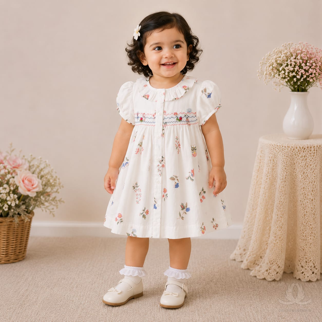 White Floral Printed Baby Girl Dress with Smocked Detail & Puff Sleeves — Fabric detail