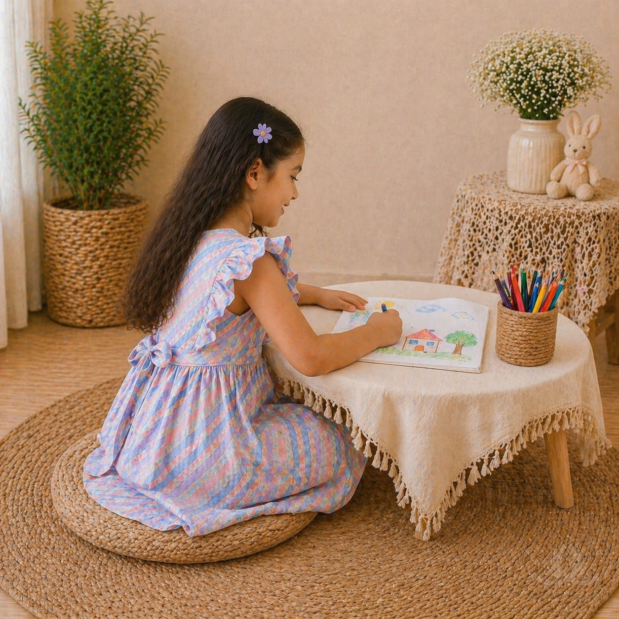 Girls Pastel Checked Cotton Dress with Ruffle Sleeves & Doll Embroidery (Blue-Pink)