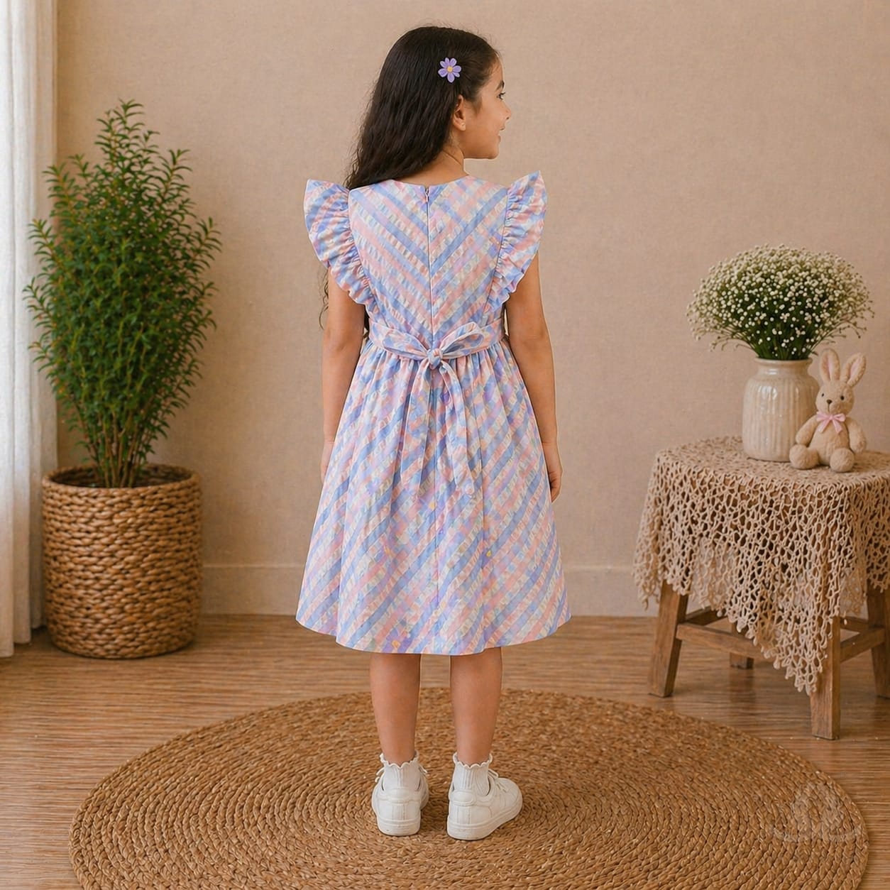 Girls Pastel Checked Cotton Dress with Ruffle Sleeves & Doll Embroidery (Blue-Pink) — Styled