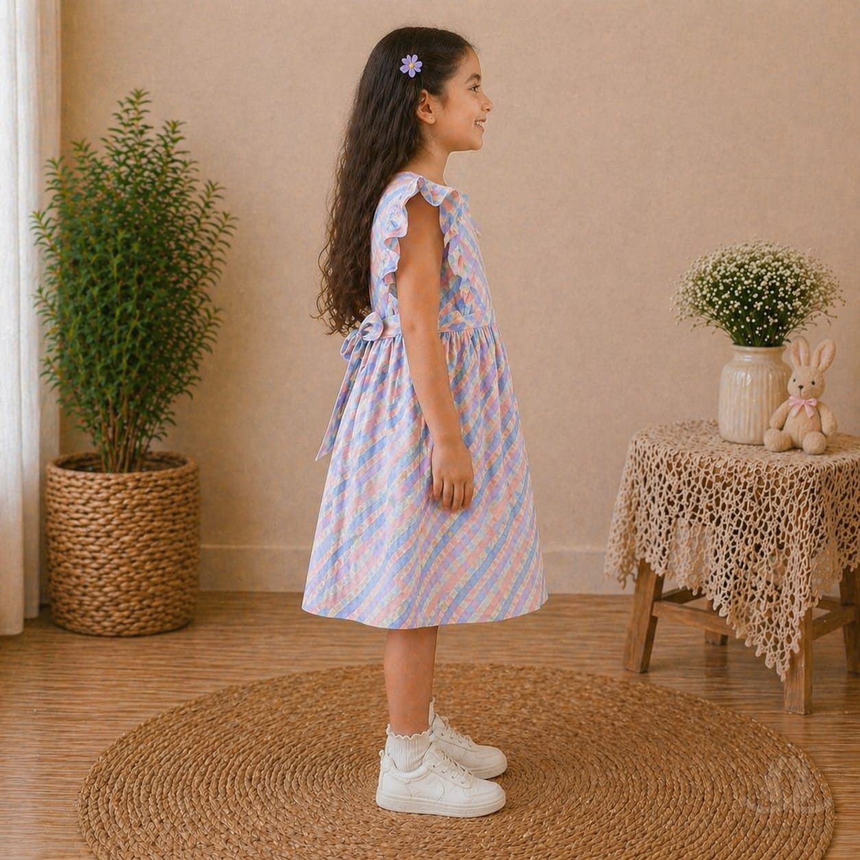 Girls Pastel Checked Cotton Dress with Ruffle Sleeves & Doll Embroidery (Blue-Pink) — Side