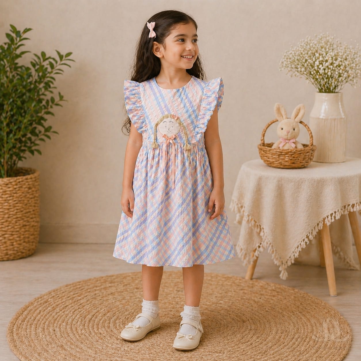 Girls Pastel Checked Cotton Dress with Ruffle Sleeves & Doll Embroidery (Blue-Pink) — Fabric detail