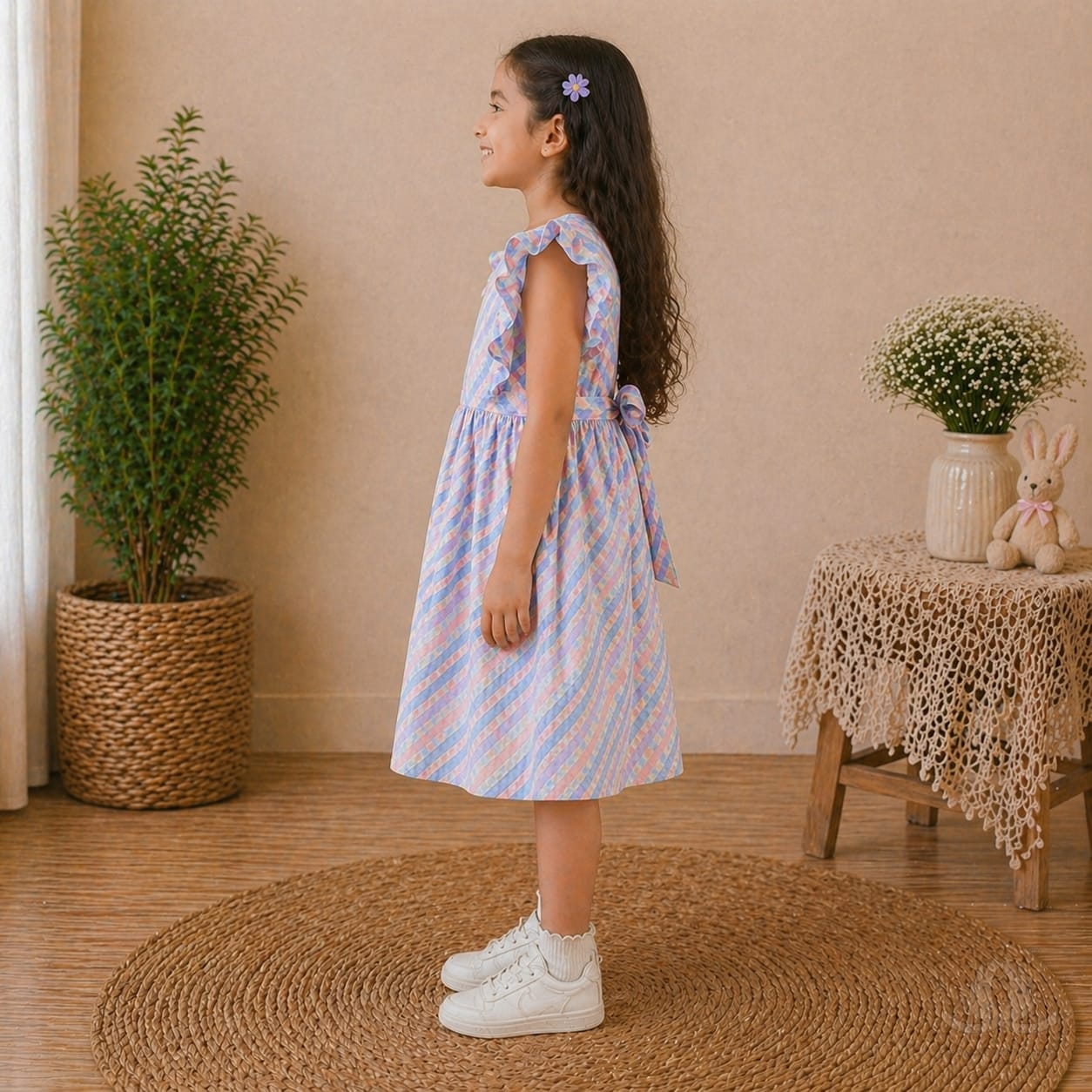 Girls Pastel Checked Cotton Dress with Ruffle Sleeves & Doll Embroidery (Blue-Pink) — Back