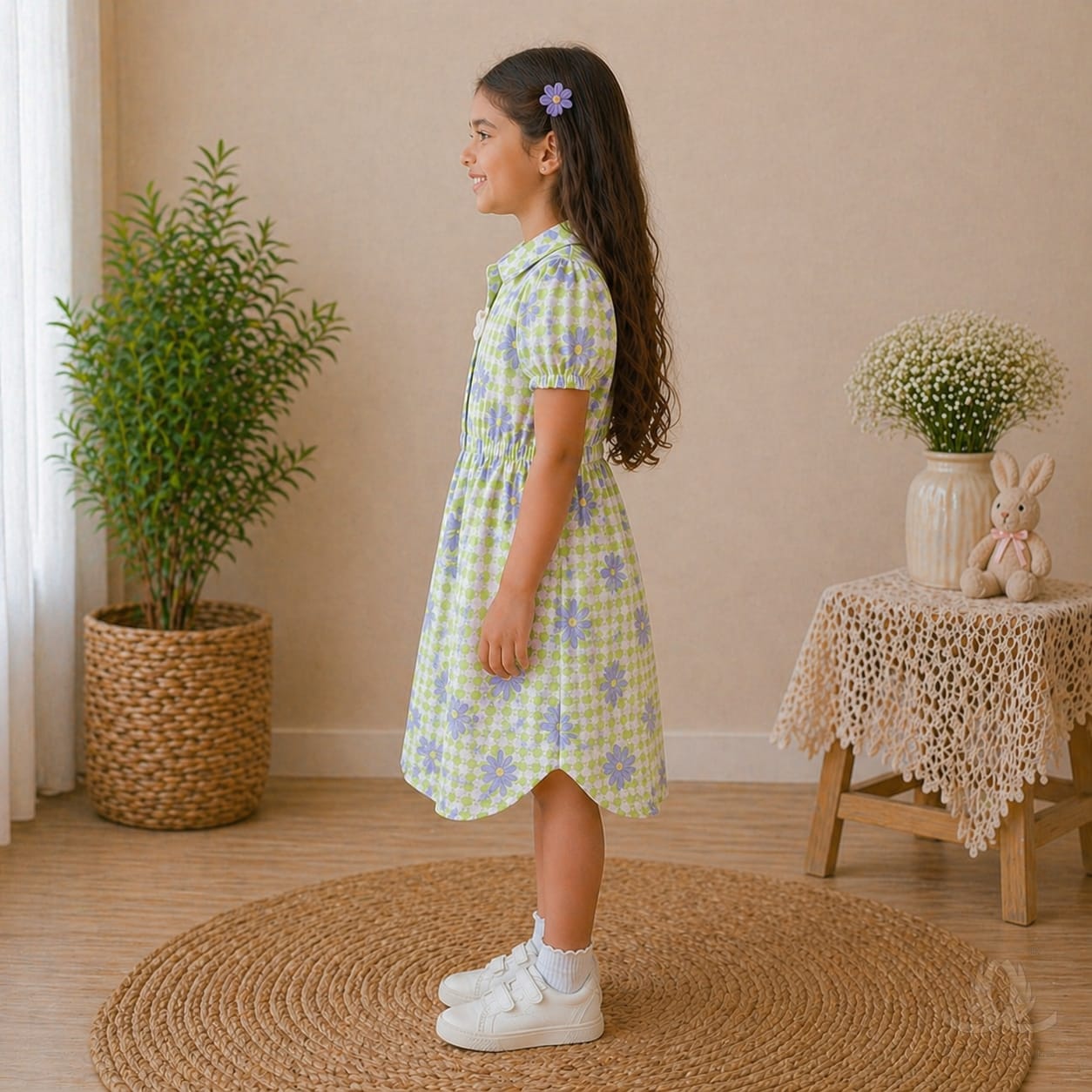 Girls Green Floral Checked Cotton Dress with Puff Sleeves & Button Front — Side