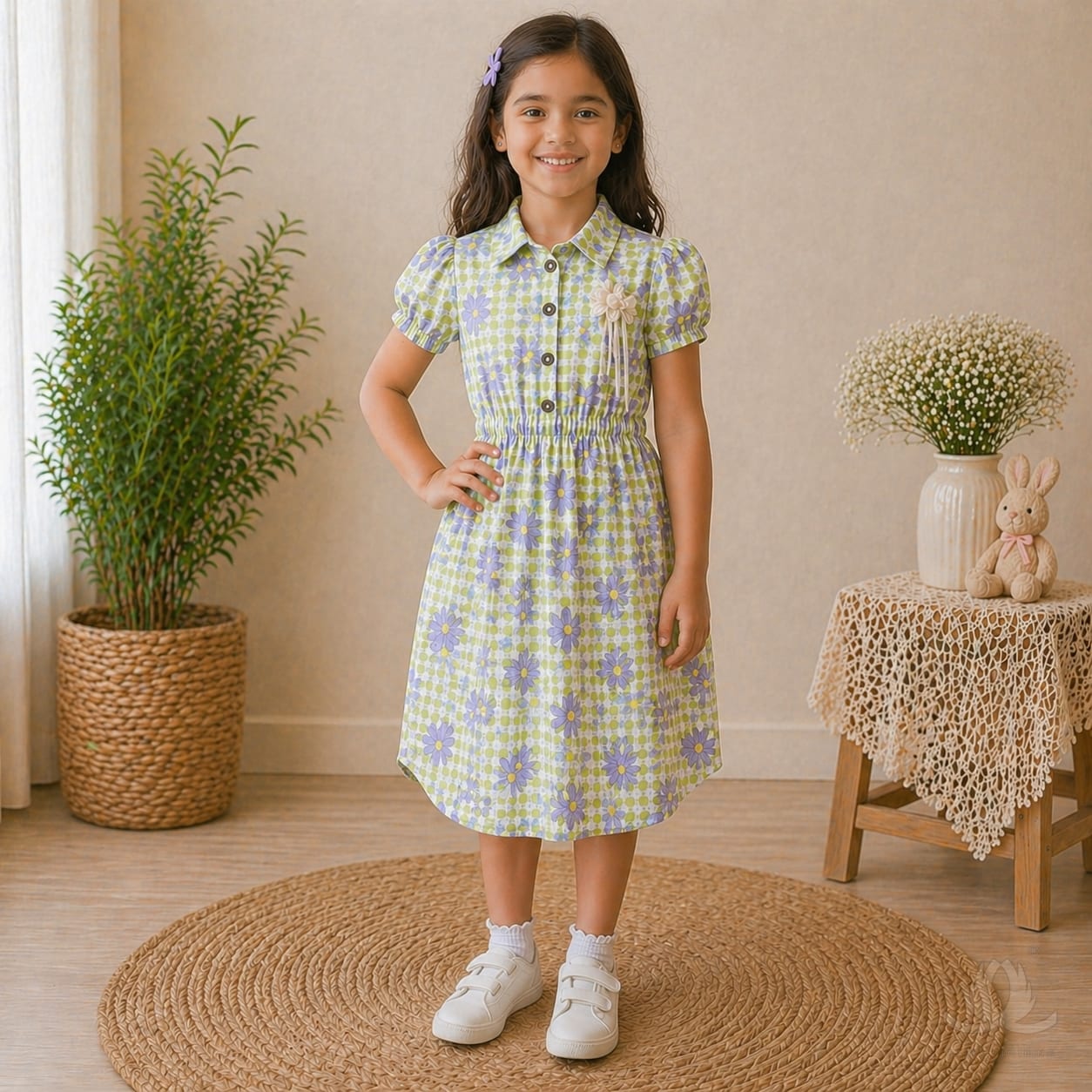 Girls Green Floral Checked Cotton Dress with Puff Sleeves & Button Front — Fabric detail