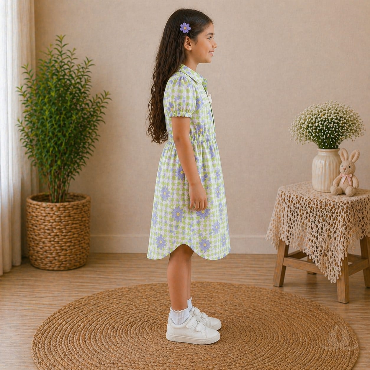 Girls Green Floral Checked Cotton Dress with Puff Sleeves & Button Front — Back