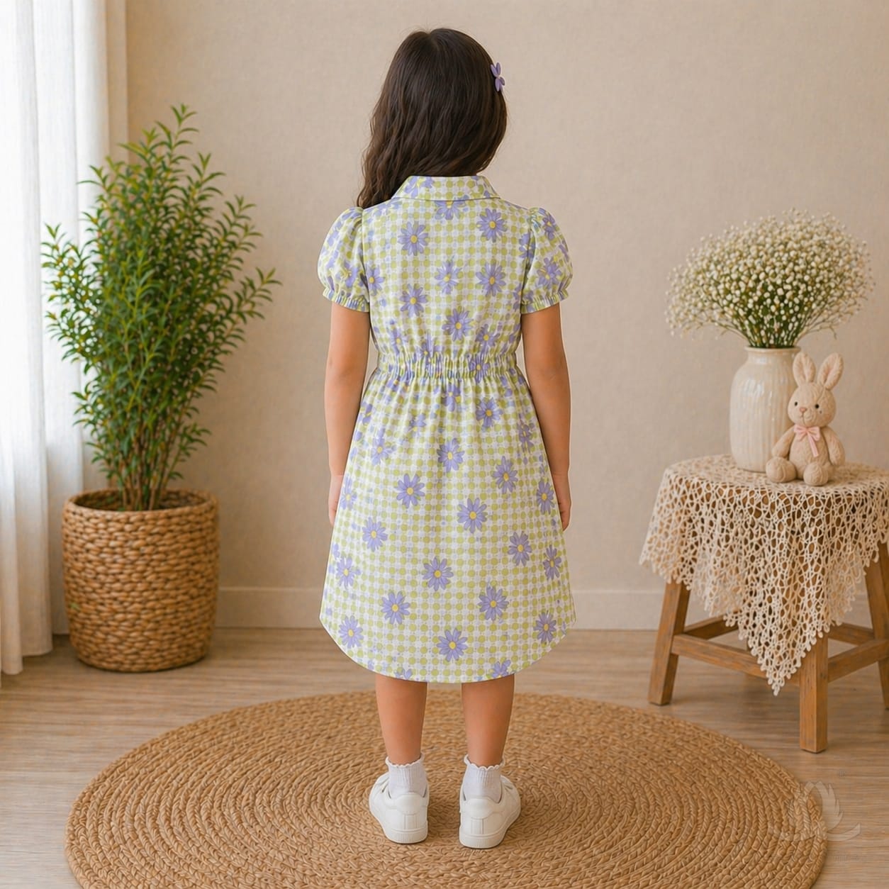 Girls Green Floral Checked Cotton Dress with Puff Sleeves & Button Front — Styled
