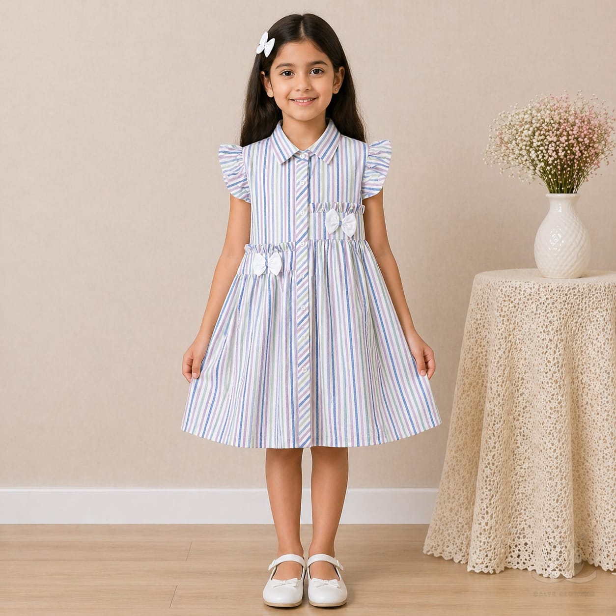 Girls Pastel Striped Cotton Dress with Collar, Ruffle Sleeves & Bow Detail — Fabric detail
