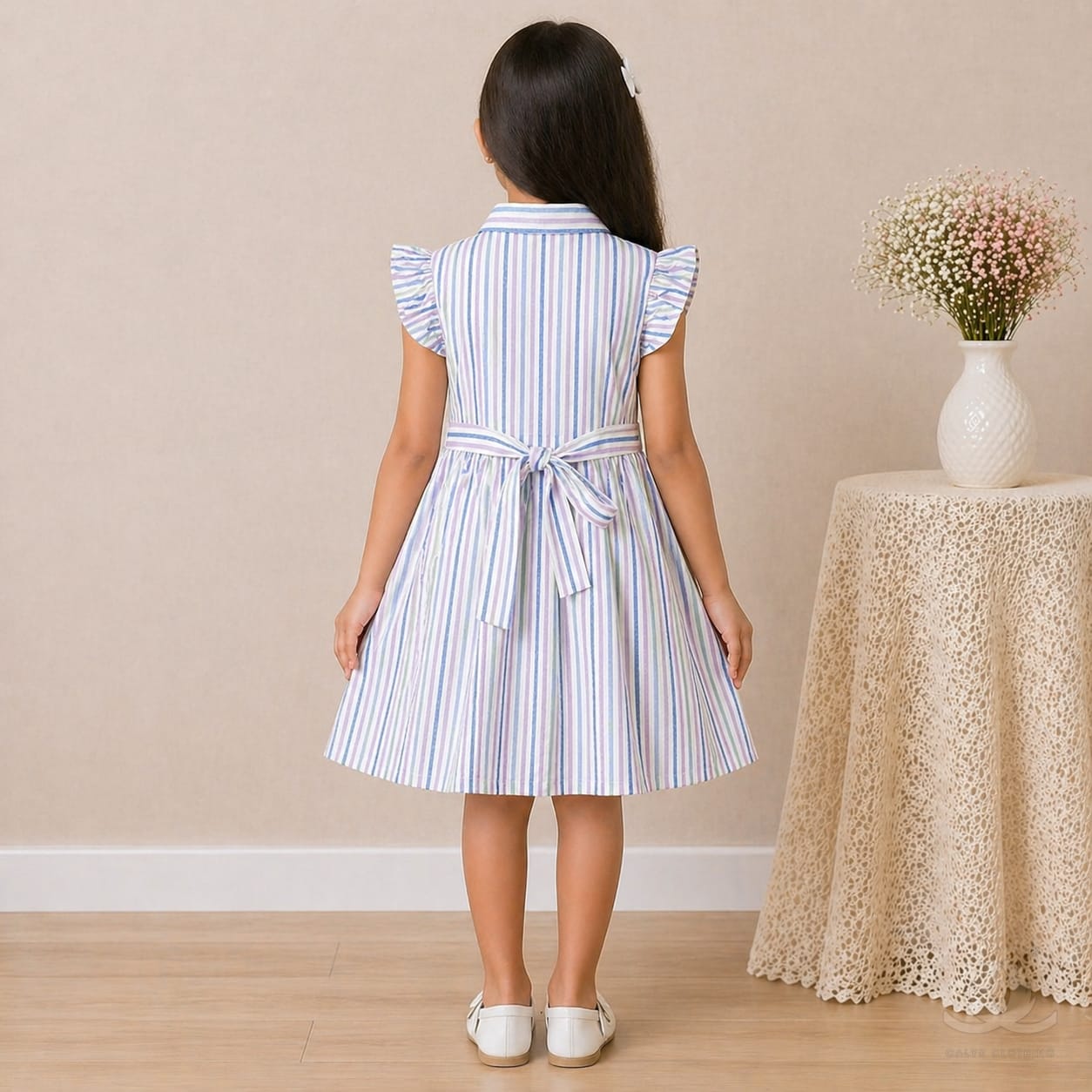 Girls Pastel Striped Cotton Dress with Collar, Ruffle Sleeves & Bow Detail — Styled