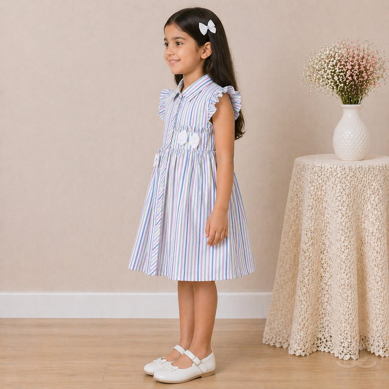 Girls Pastel Striped Cotton Dress with Collar, Ruffle Sleeves & Bow Detail — Side