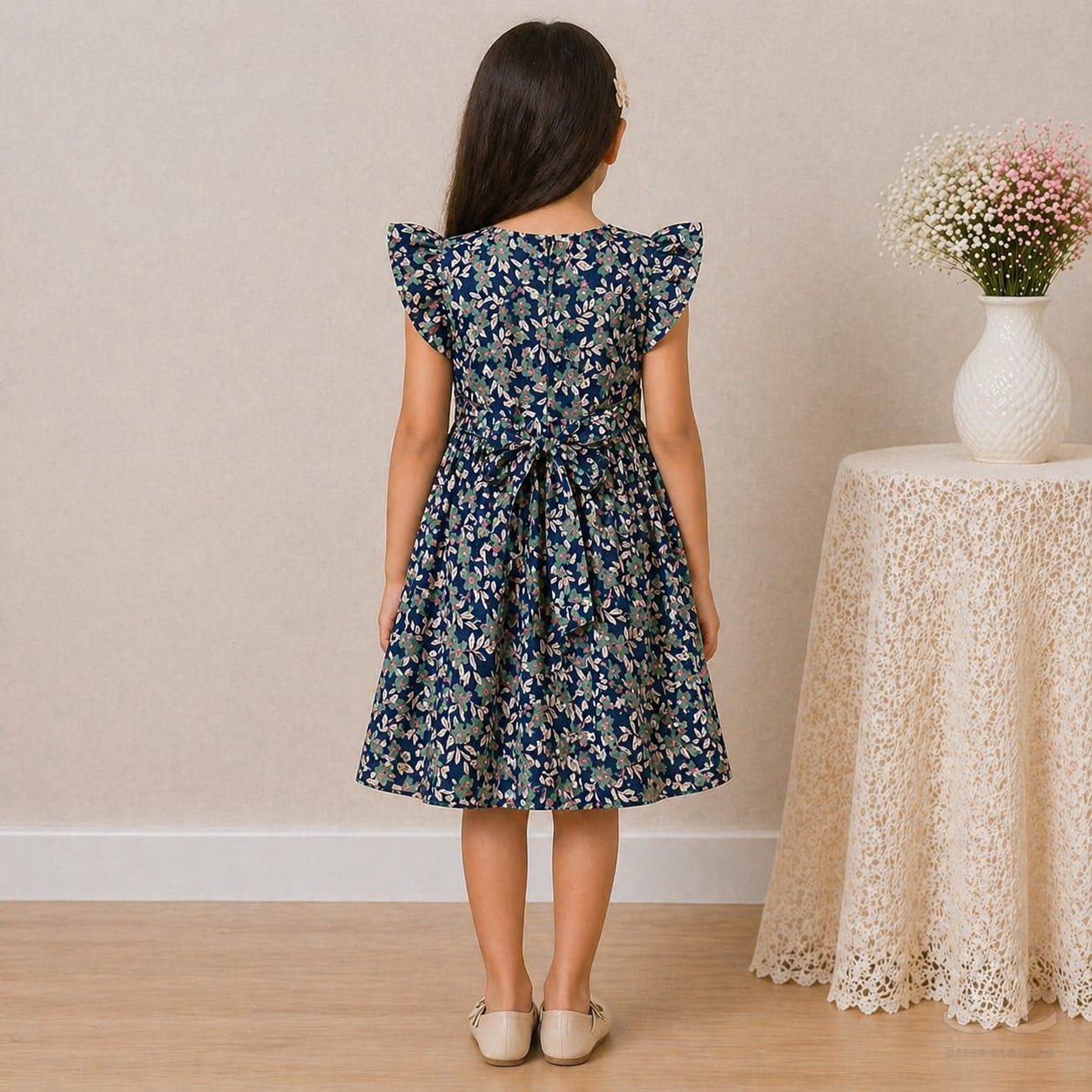 Girls Navy Floral Chiffon Dress with Ruffle Sleeves & Bow Ribbon Detail — Styled