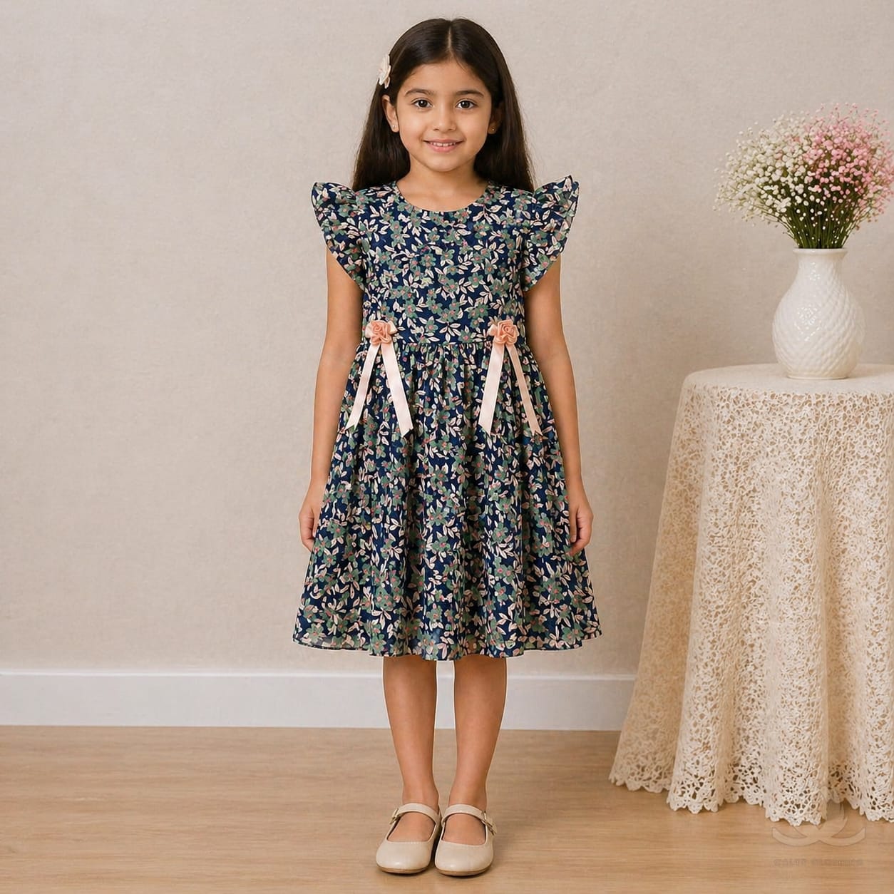 Girls Navy Floral Chiffon Dress with Ruffle Sleeves & Bow Ribbon Detail — Fabric detail