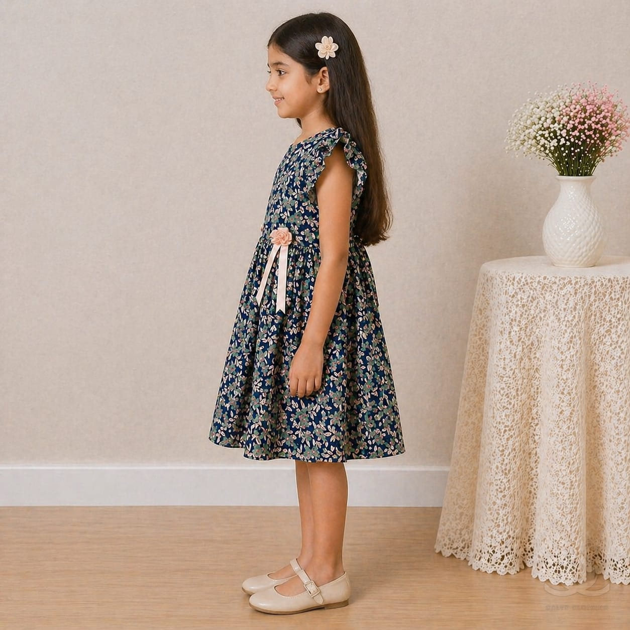 Girls Navy Floral Chiffon Dress with Ruffle Sleeves & Bow Ribbon Detail — Back