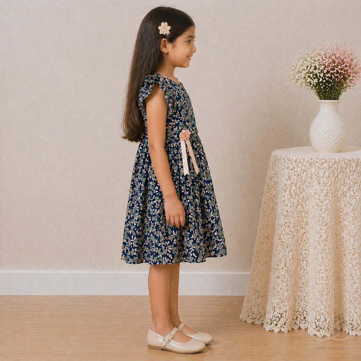 Girls Navy Floral Chiffon Dress with Ruffle Sleeves & Bow Ribbon Detail — Side