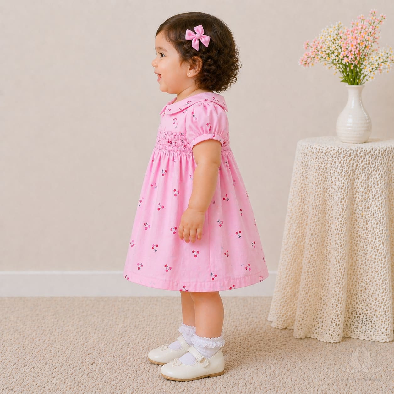 Baby Girl Pink Cotton Dress with Cherry Print, Peter Pan Collar & Puff Sleeves — Side