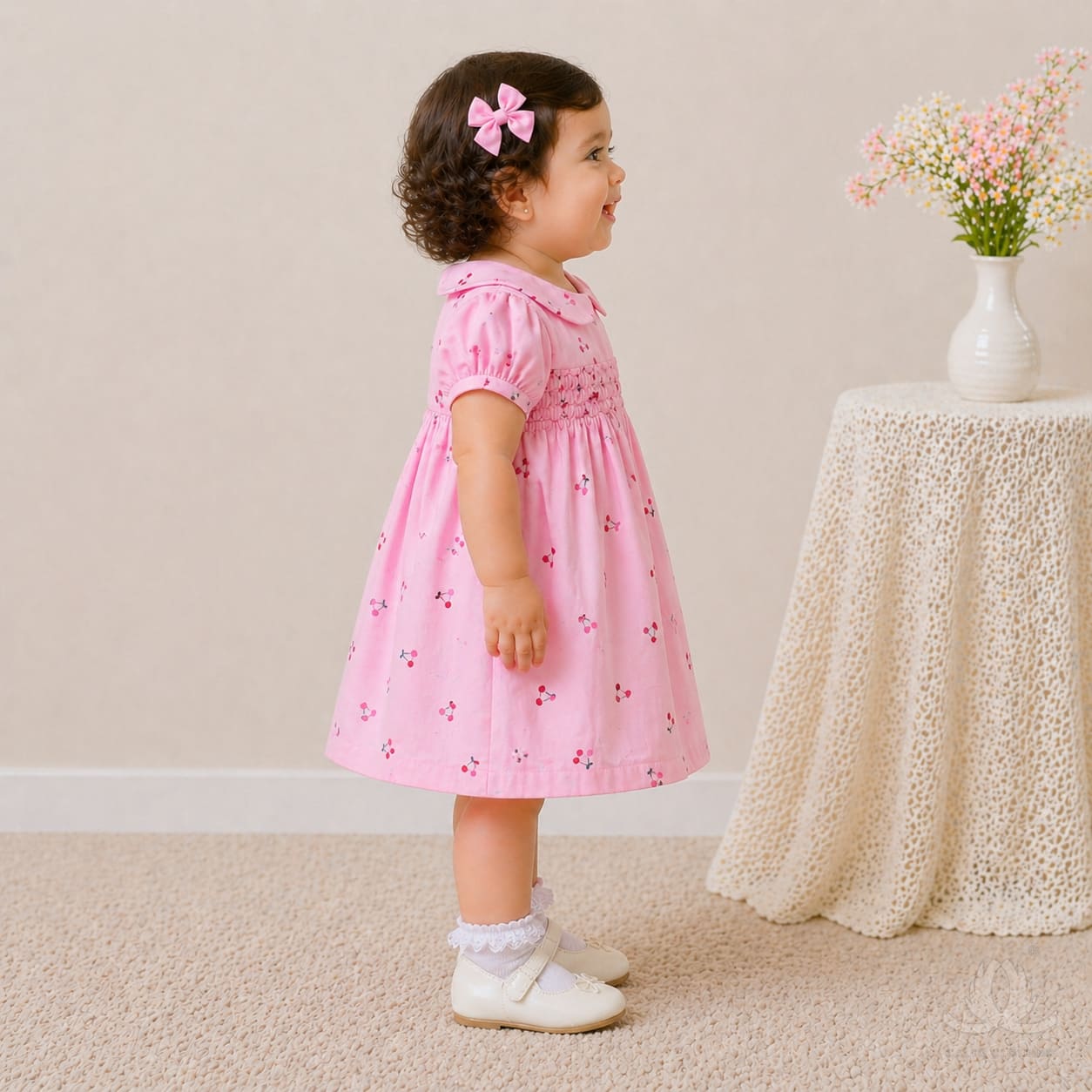 Baby Girl Pink Cotton Dress with Cherry Print, Peter Pan Collar & Puff Sleeves — Back