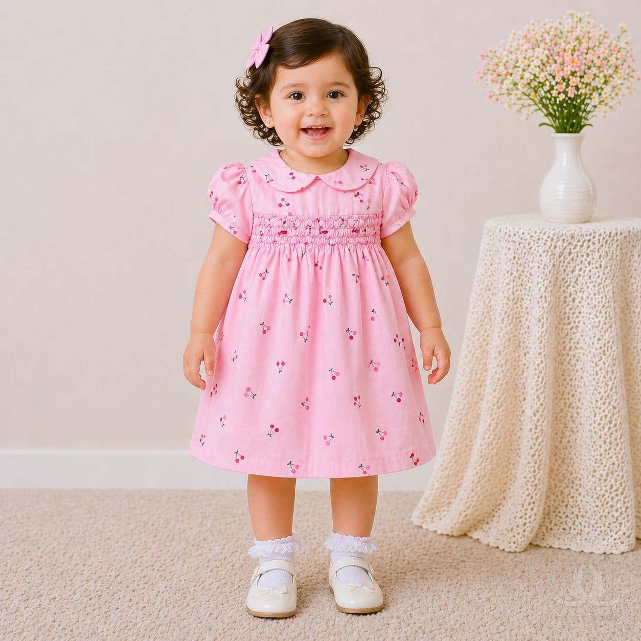 Baby Girl Pink Cotton Dress with Cherry Print, Peter Pan Collar & Puff Sleeves — Fabric detail