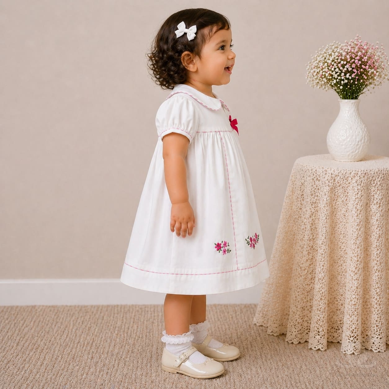 Baby Girl White Cotton Dress with Floral Embroidery & Pink Piping Collar — Back