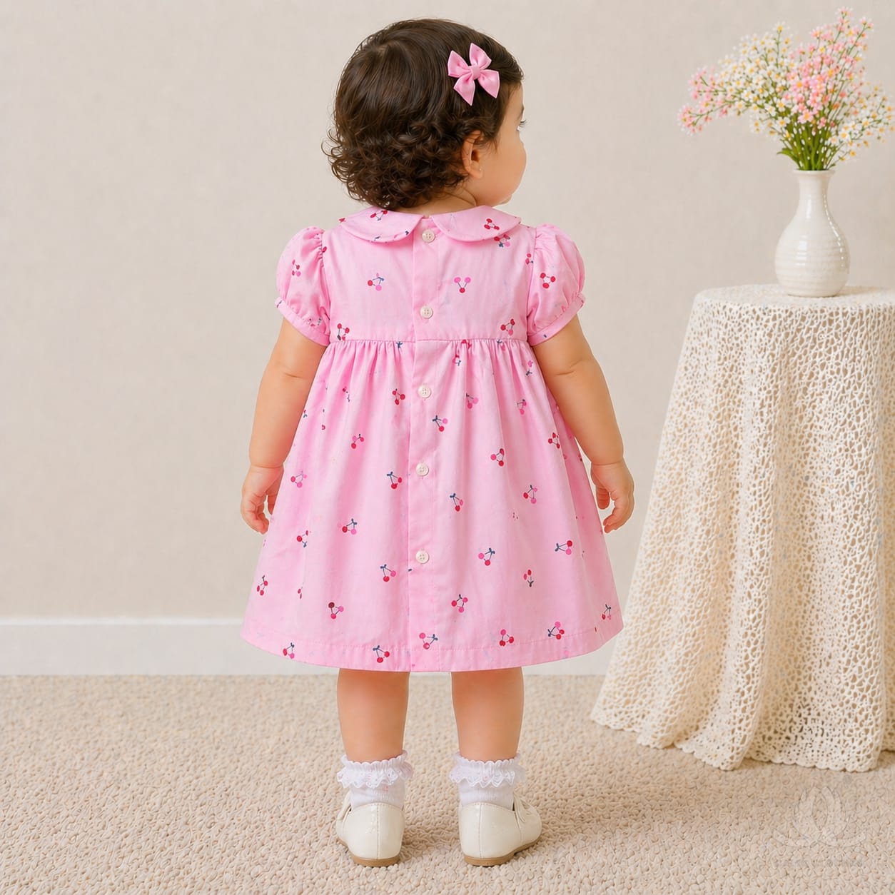 Baby Girl Pink Cotton Dress with Cherry Print, Peter Pan Collar & Puff Sleeves — Styled