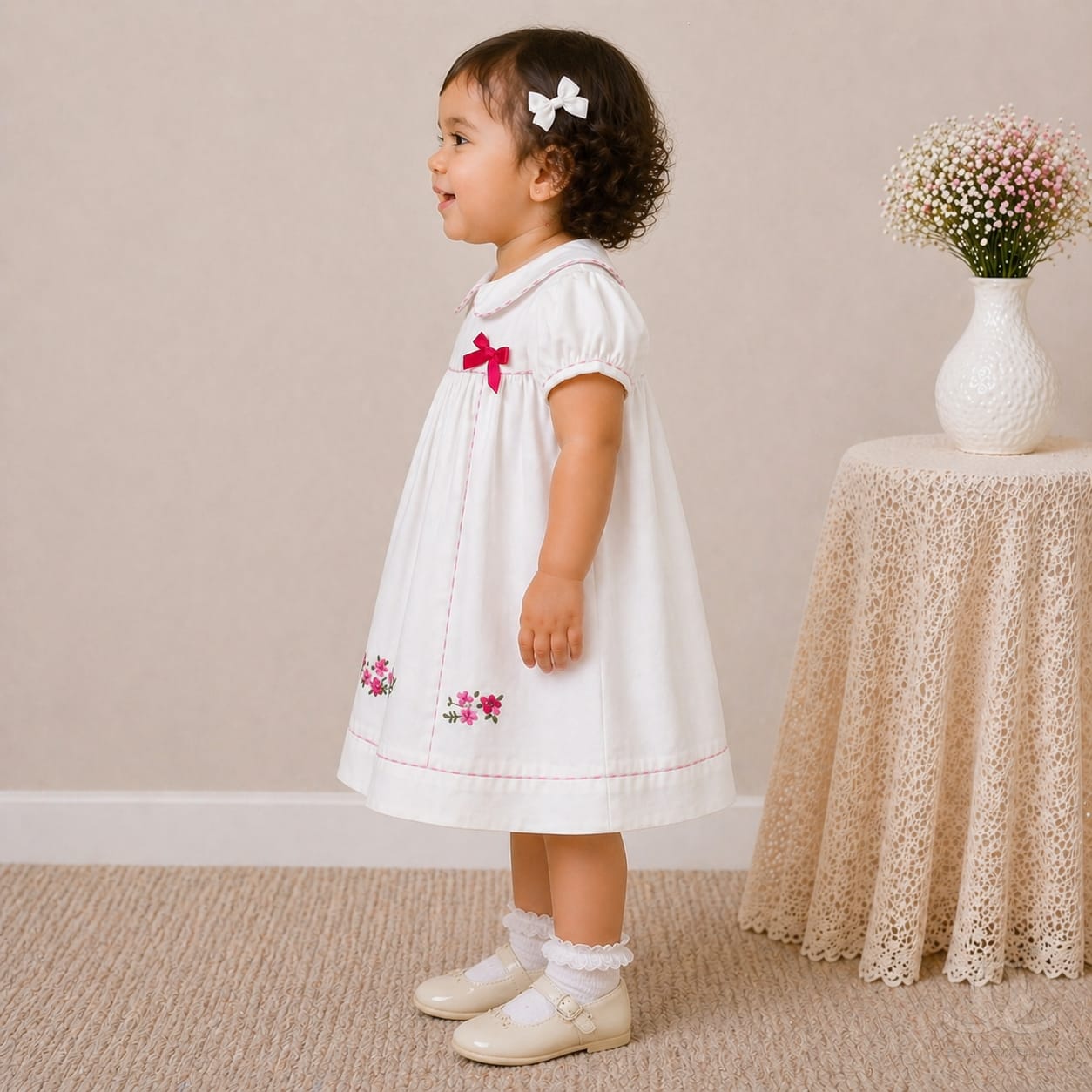 Baby Girl White Cotton Dress with Floral Embroidery & Pink Piping Collar — Side