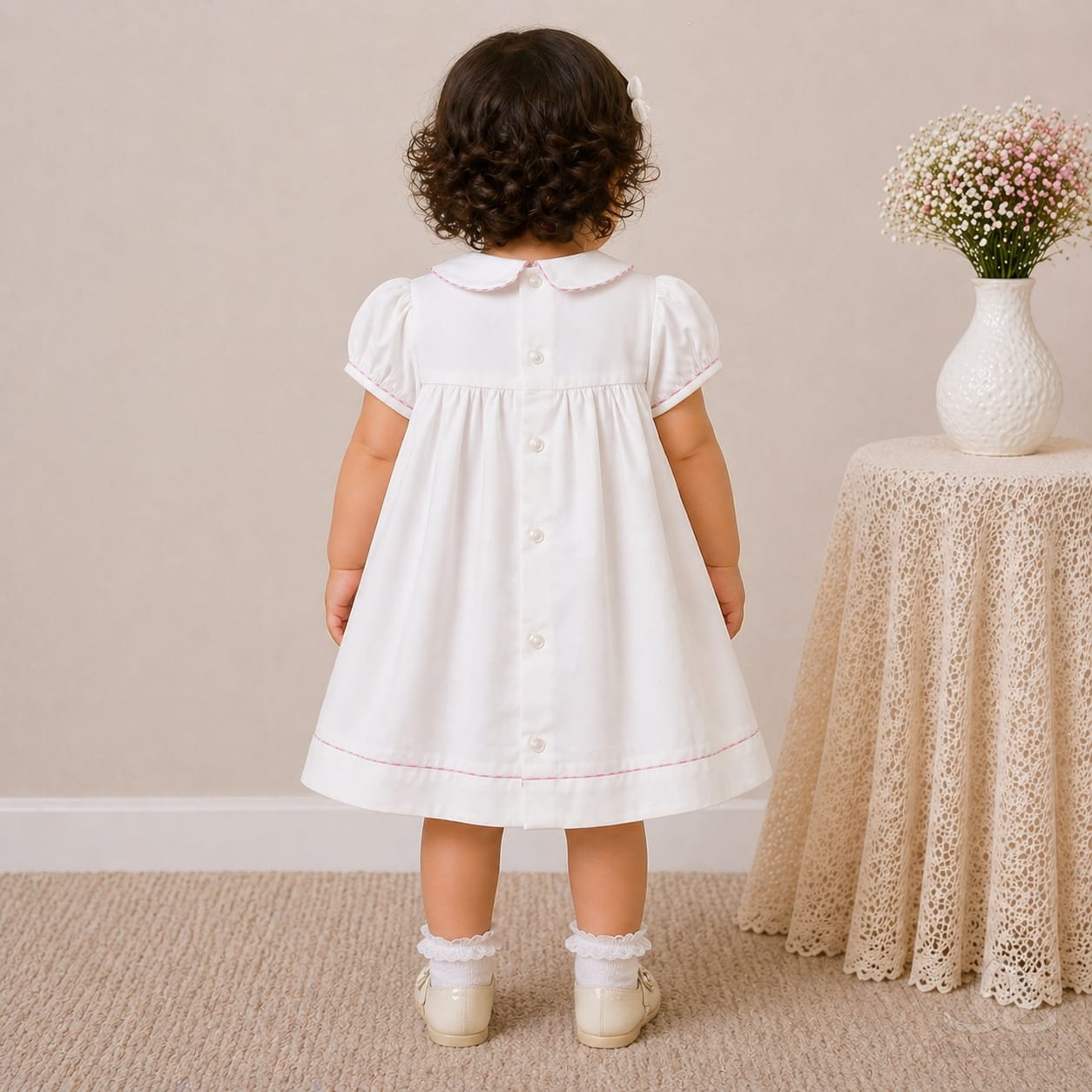Baby Girl White Cotton Dress with Floral Embroidery & Pink Piping Collar — Styled