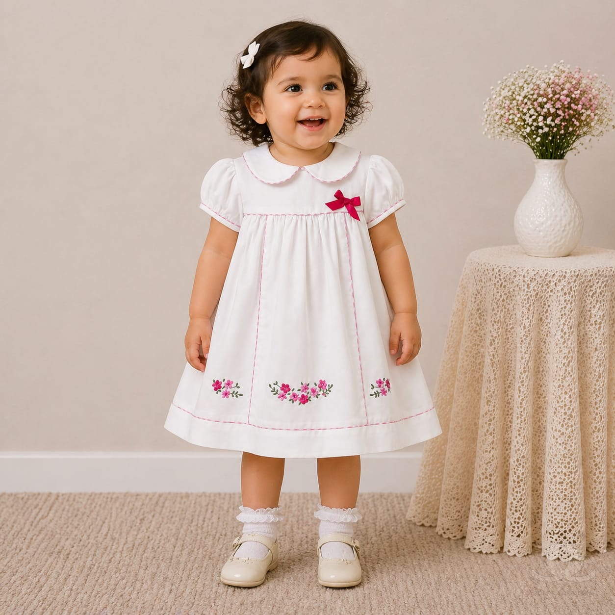 Baby Girl White Cotton Dress with Floral Embroidery & Pink Piping Collar — Fabric detail