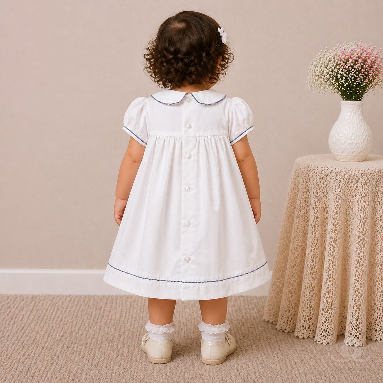 Baby Girl White Cotton Dress with Floral Embroidery & Blue Piping Collar — Styled
