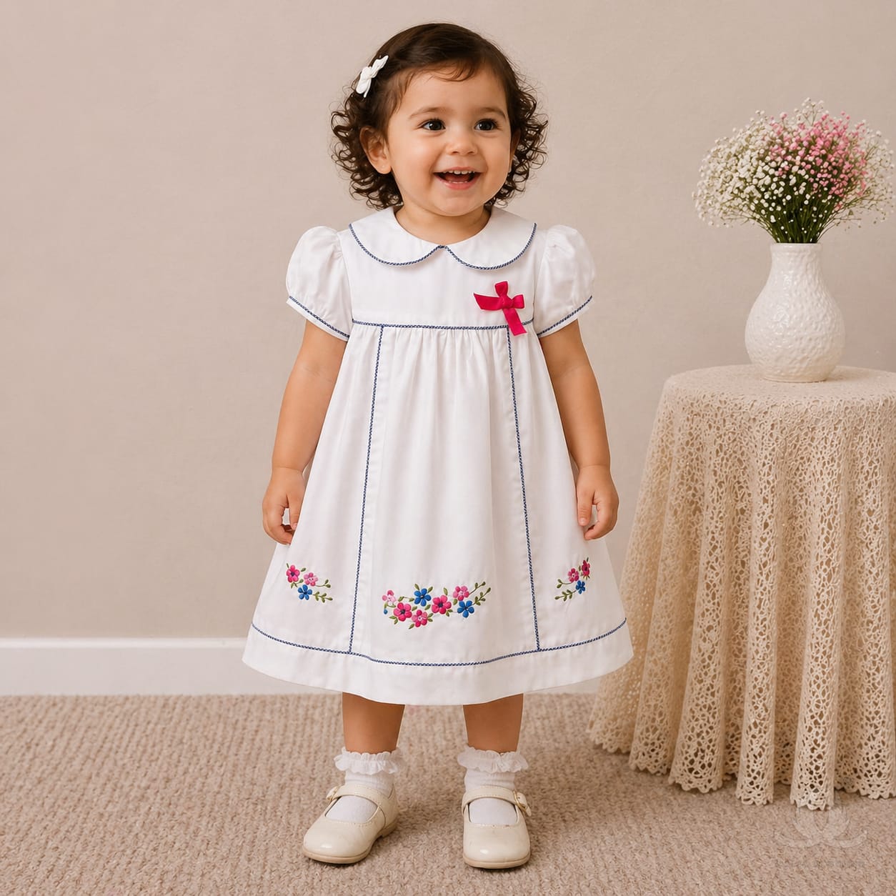 Baby Girl White Cotton Dress with Floral Embroidery & Blue Piping Collar — Fabric detail