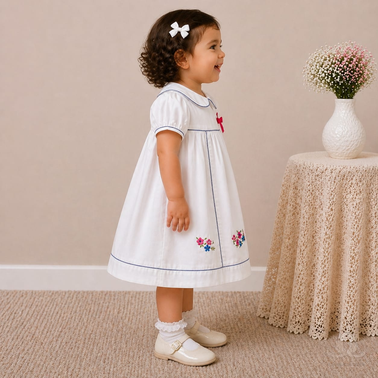 Baby Girl White Cotton Dress with Floral Embroidery & Blue Piping Collar — Back