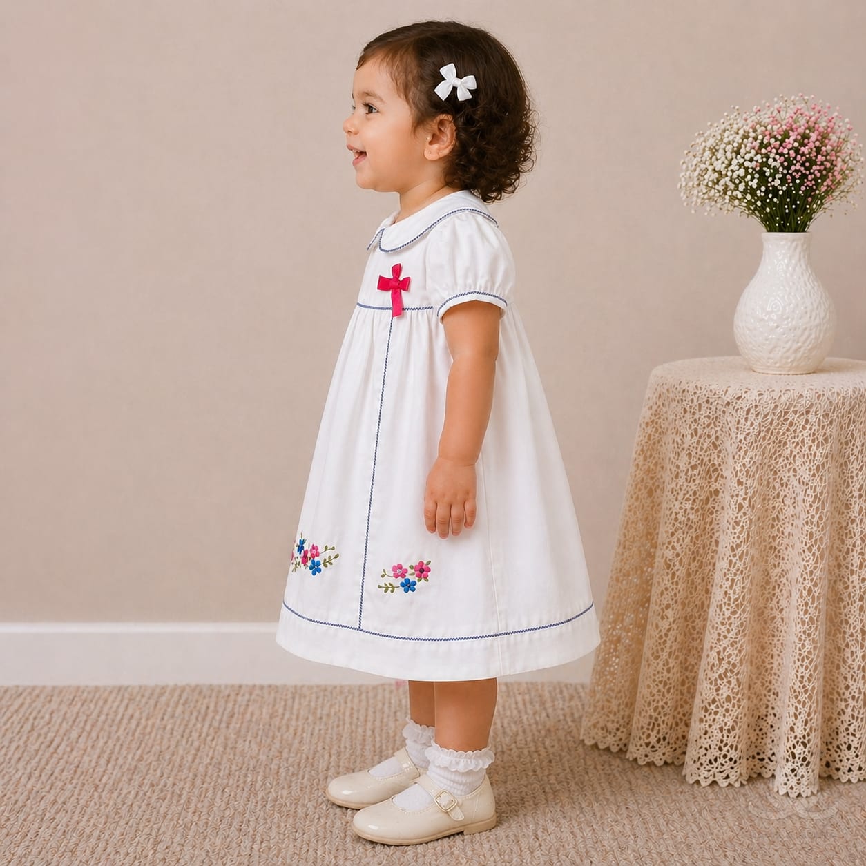 Baby Girl White Cotton Dress with Floral Embroidery & Blue Piping Collar — Side