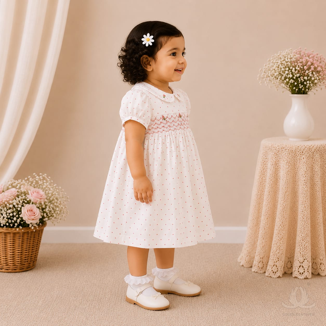 White Polka Dot Baby Girl Dress with Smocked Bodice & Peter Pan Collar — Back