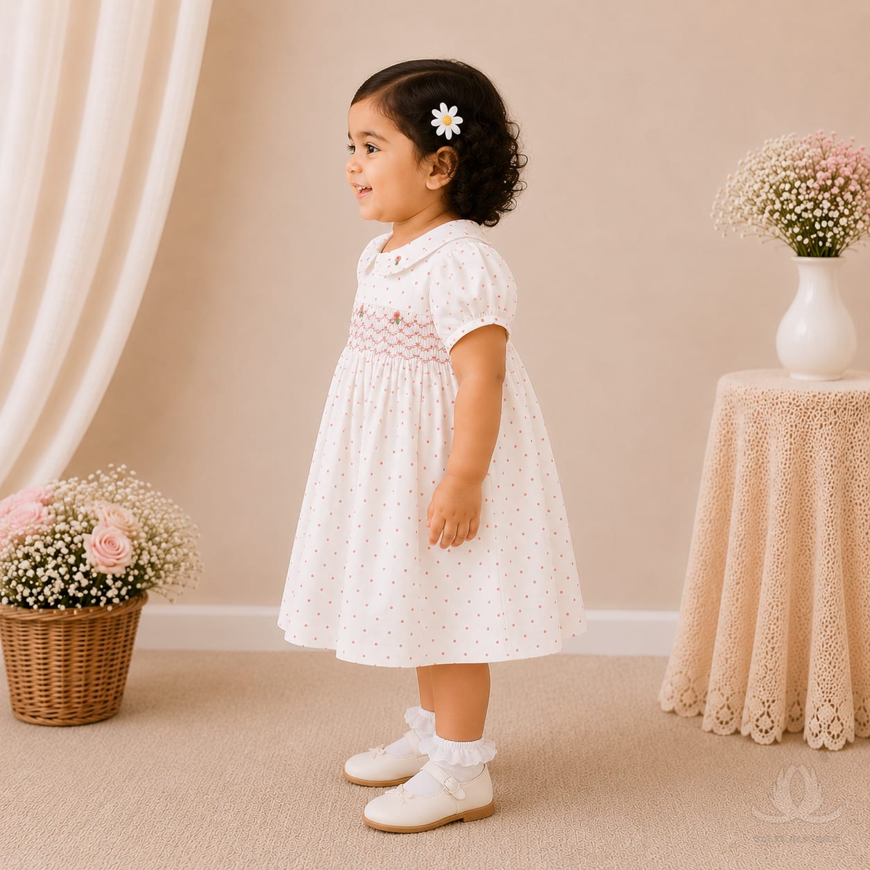 White Polka Dot Baby Girl Dress with Smocked Bodice & Peter Pan Collar — Side