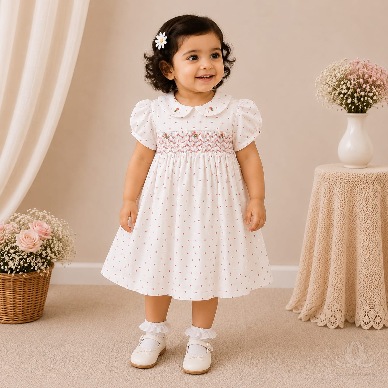 White Polka Dot Baby Girl Dress with Smocked Bodice & Peter Pan Collar — Fabric detail