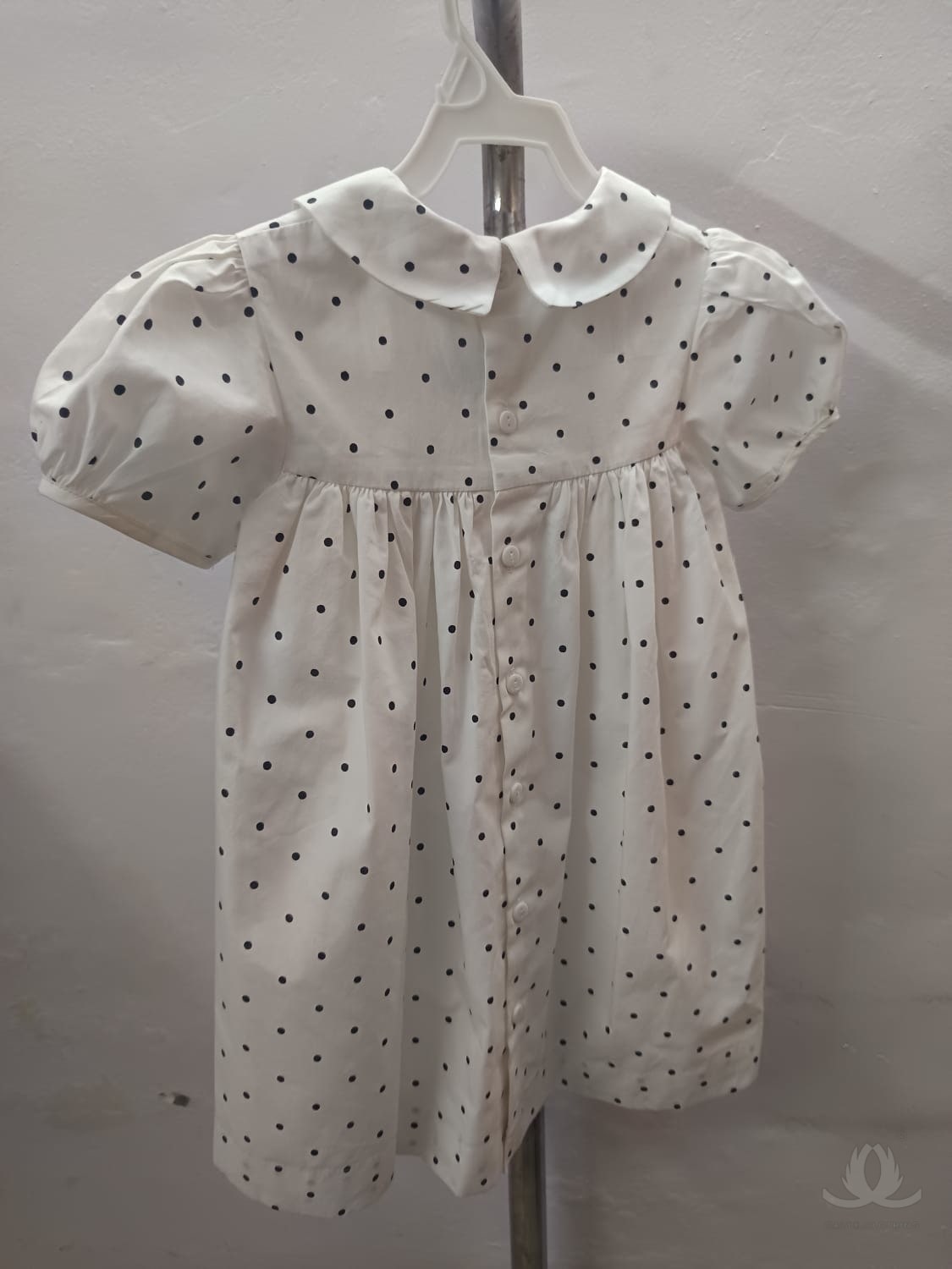 White Polka Dot Baby Girl Dress with Smocked Bodice & Peter Pan Collar — image 6