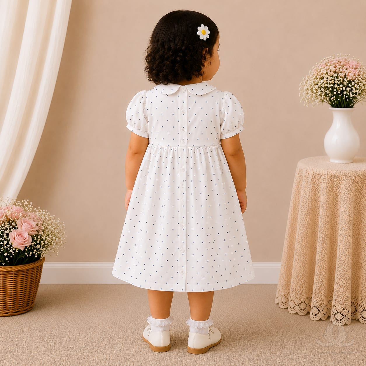White Polka Dot Baby Girl Dress with Smocked Bodice & Peter Pan Collar — Styled
