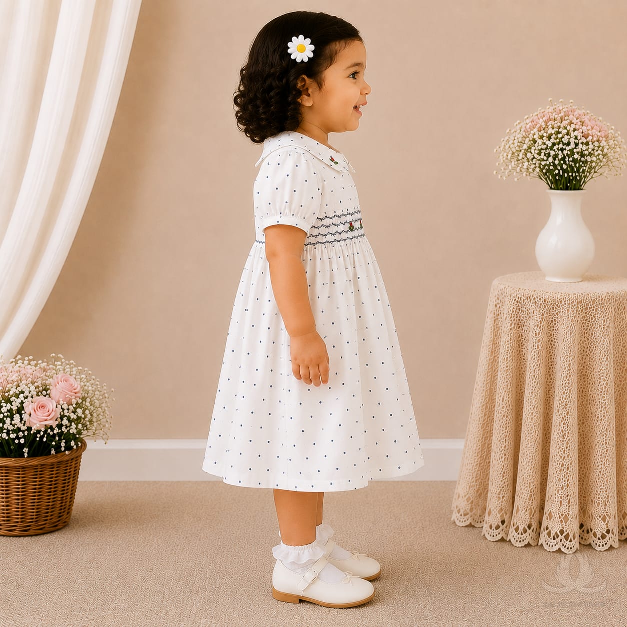 White Polka Dot Baby Girl Dress with Smocked Bodice & Peter Pan Collar — Side