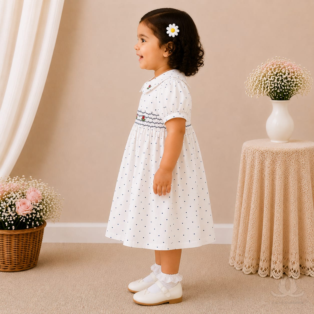 White Polka Dot Baby Girl Dress with Smocked Bodice & Peter Pan Collar — Back