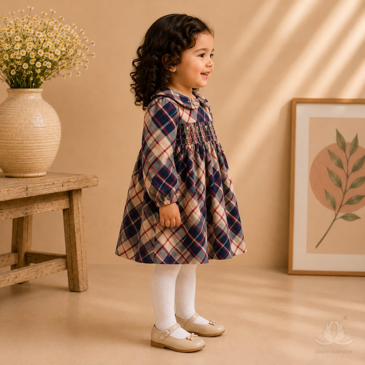 Girls Winter Checked Smocked Dress with Peter Pan Collar | Full Sleeve Cotton Dress for Baby Girls — Side