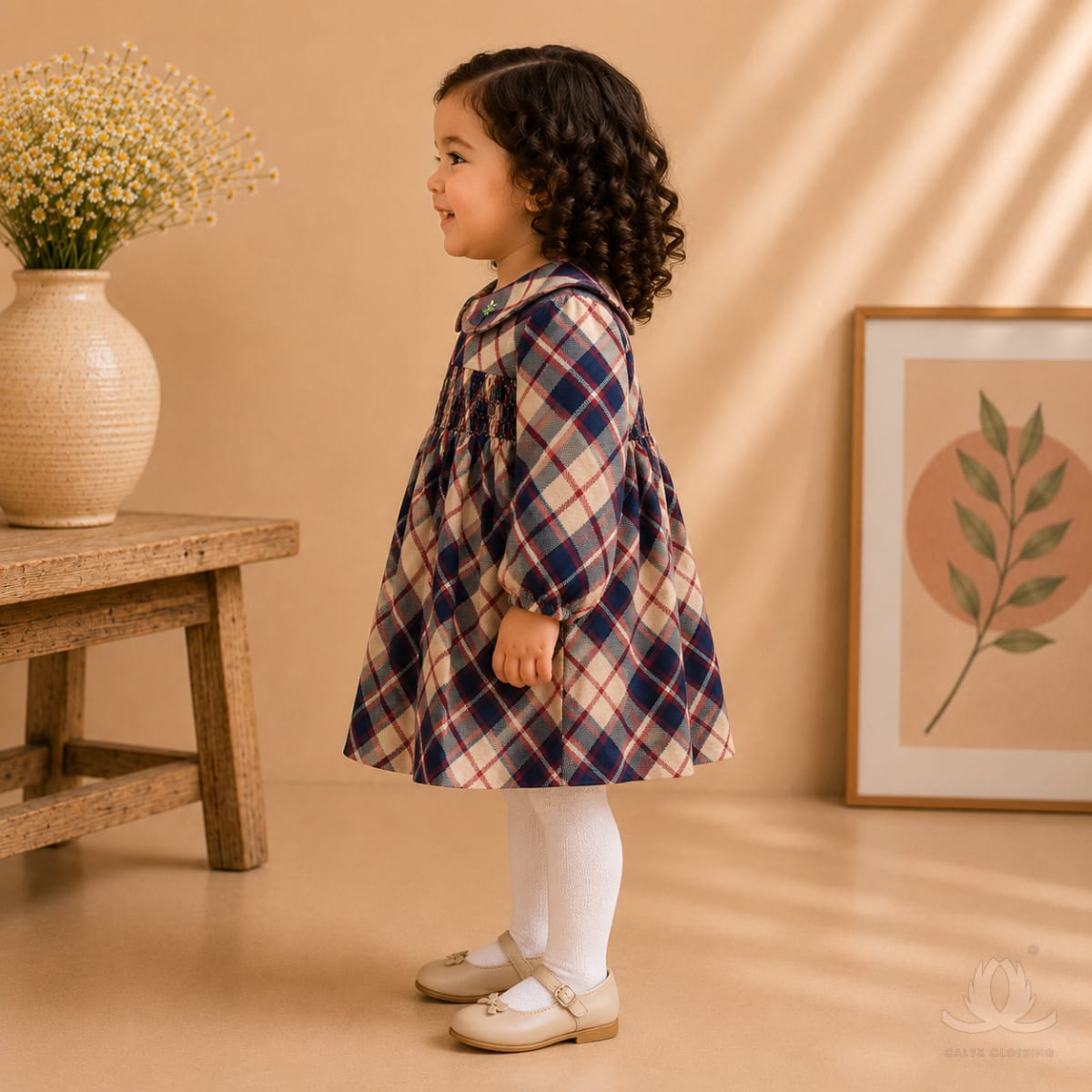Girls Winter Checked Smocked Dress with Peter Pan Collar | Full Sleeve Cotton Dress for Baby Girls — Back