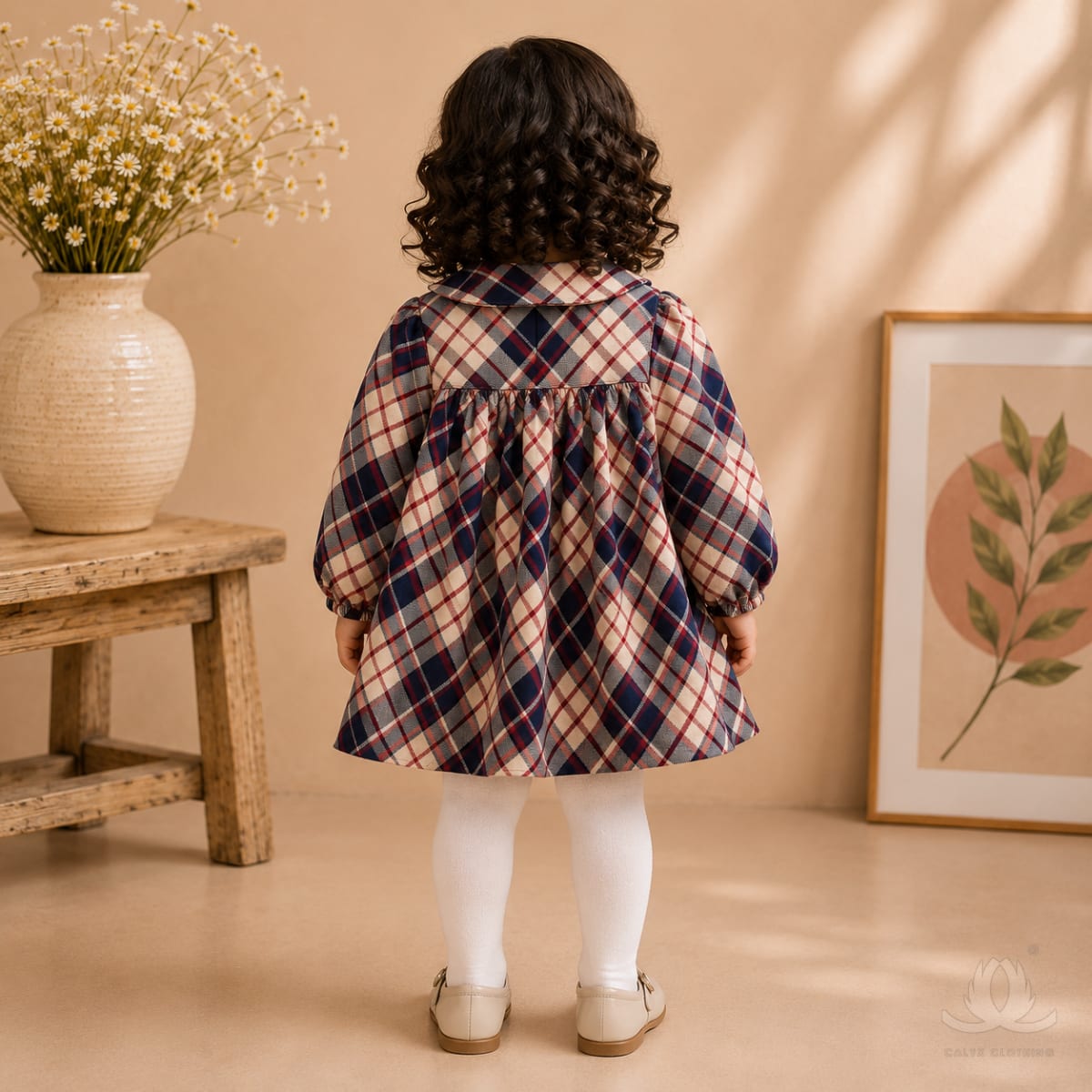 Girls Winter Checked Smocked Dress with Peter Pan Collar | Full Sleeve Cotton Dress for Baby Girls — Styled