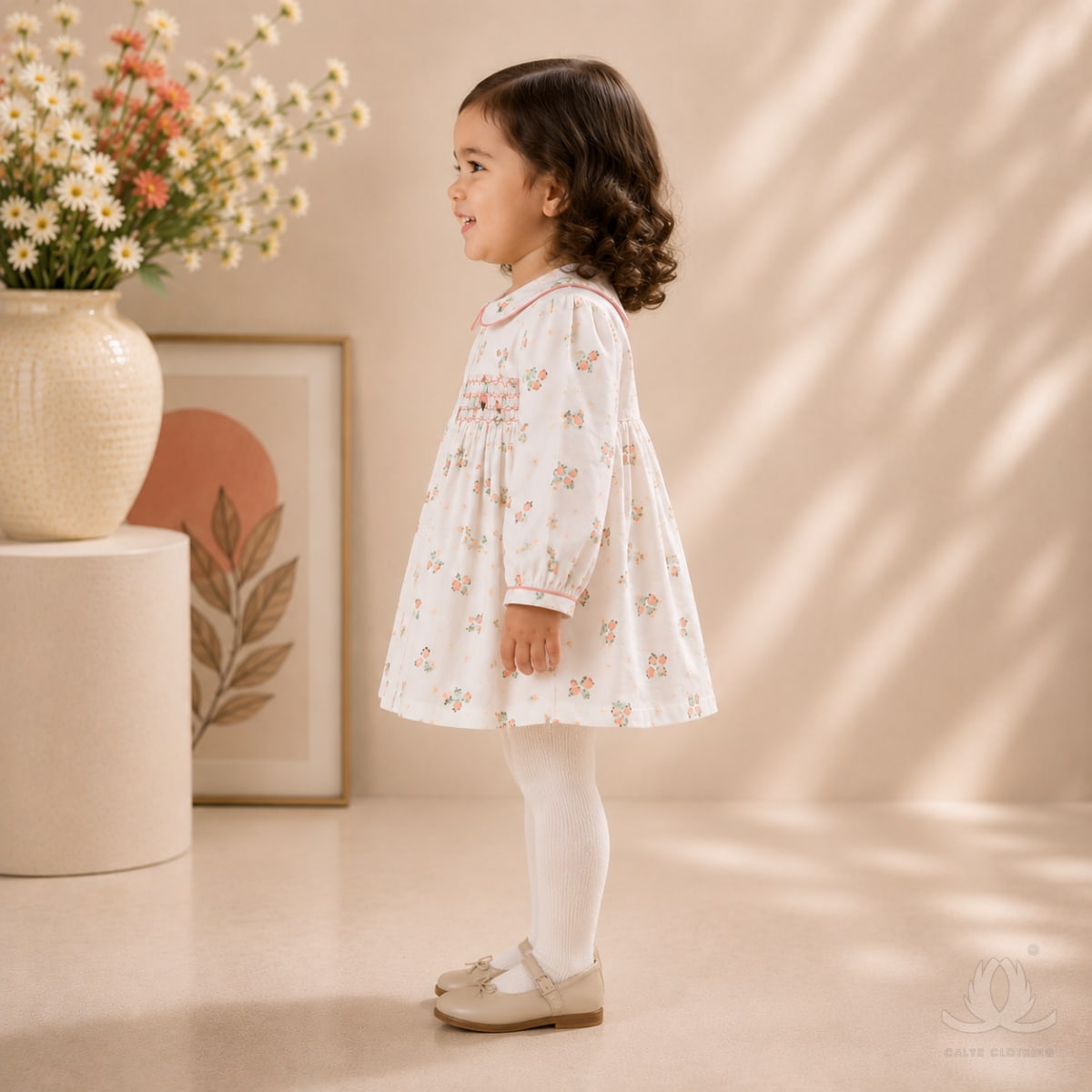 Girls Floral Smocked Winter Dress | Full Sleeve Cotton Baby Girl Dress with Peter Pan Collar — Side
