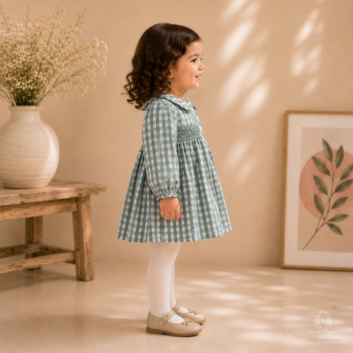 Premium Sage Green Gingham Baby Girl Dress with Hand Smocking & Peter Pan Collar (Full Sleeves) — Side