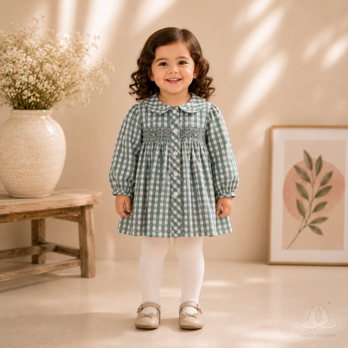 Premium Sage Green Gingham Baby Girl Dress with Hand Smocking & Peter Pan Collar (Full Sleeves) — Fabric detail