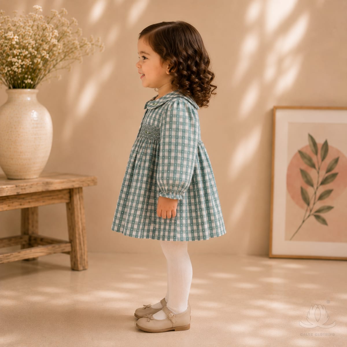 Premium Sage Green Gingham Baby Girl Dress with Hand Smocking & Peter Pan Collar (Full Sleeves) — Back