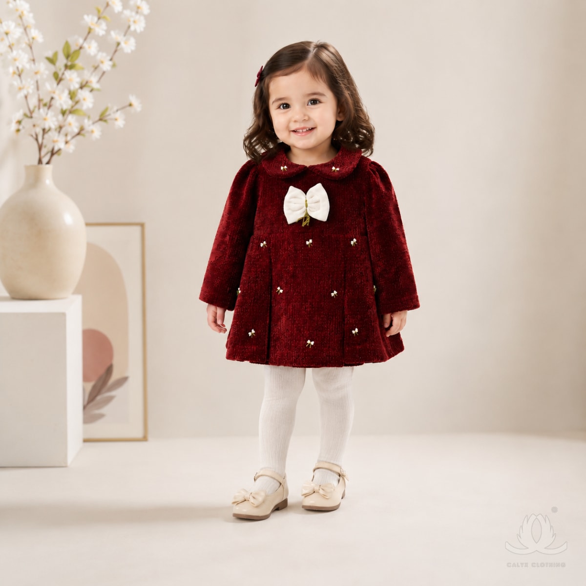 Premium Maroon Velvet Baby Girl Dress with Peter Pan Collar, Embroidered Flowers & Bow Applique | Full Sleeve Winter Dress