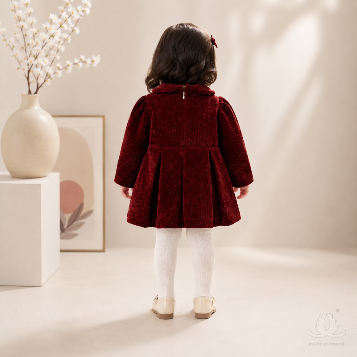 Premium Maroon Velvet Baby Girl Dress with Peter Pan Collar, Embroidered Flowers & Bow Applique | Full Sleeve Winter Dress — Back