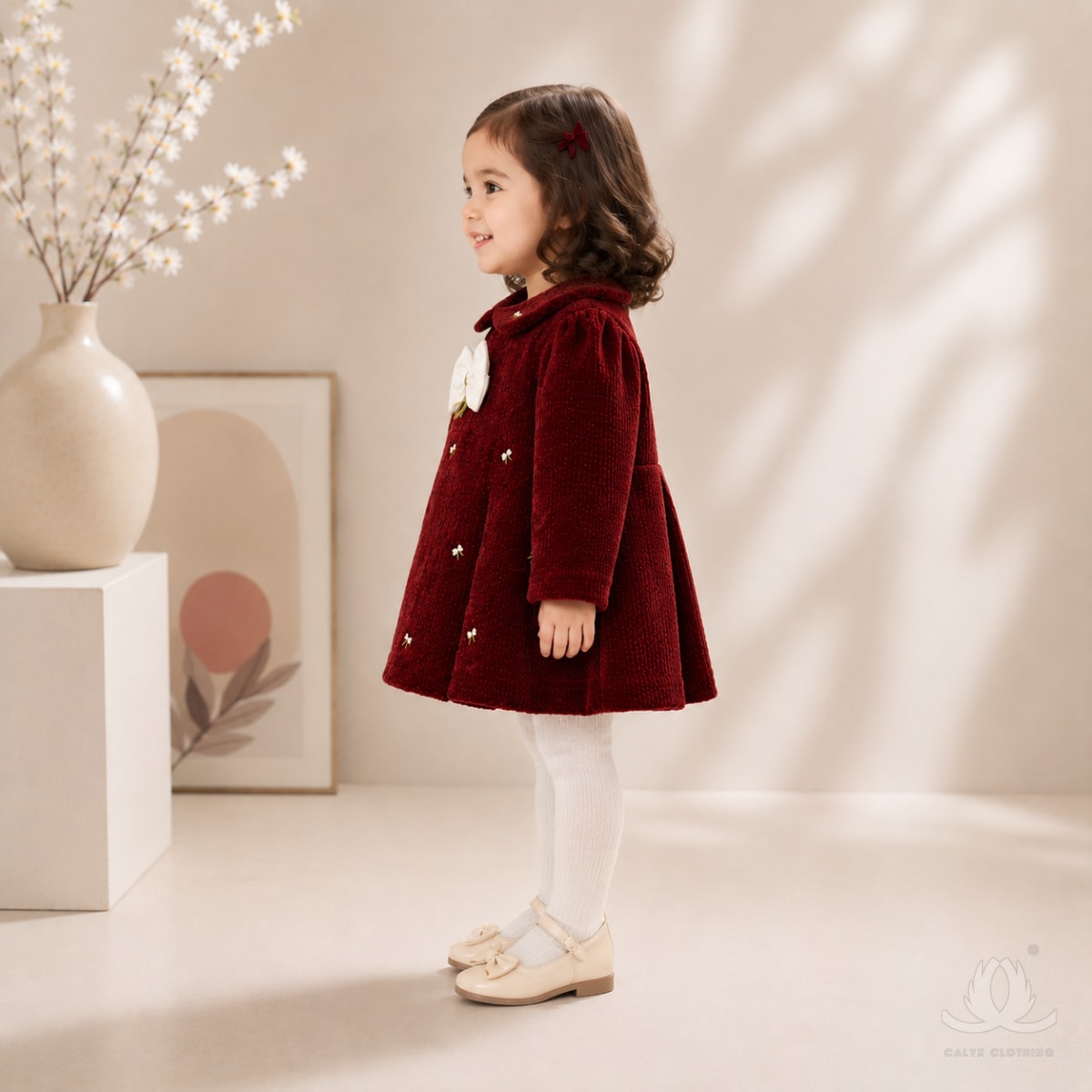 Premium Maroon Velvet Baby Girl Dress with Peter Pan Collar, Embroidered Flowers & Bow Applique | Full Sleeve Winter Dress — Side