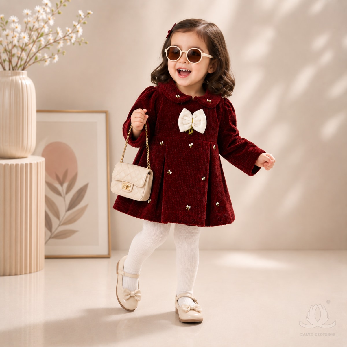 Premium Maroon Velvet Baby Girl Dress with Peter Pan Collar, Embroidered Flowers & Bow Applique | Full Sleeve Winter Dress — Styled