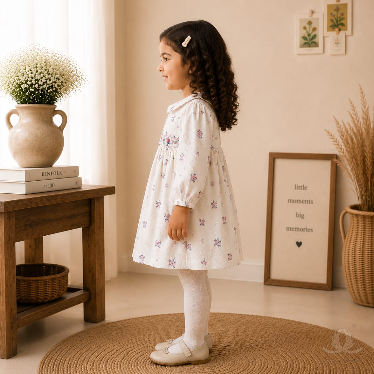 Premium White Floral Print Baby Girl Dress with Hand Smocking & Peter Pan Collar | Full Sleeve Cotton Dress — Fabric detail